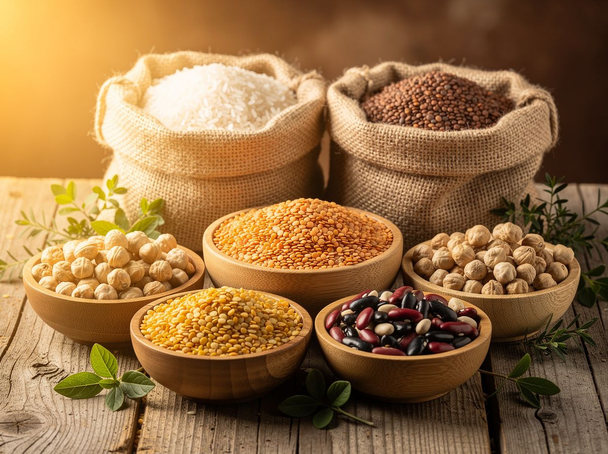 أكياس من الخيش وأوعية خشبية فيها أرز وعدس وحمص وفاصوليا
